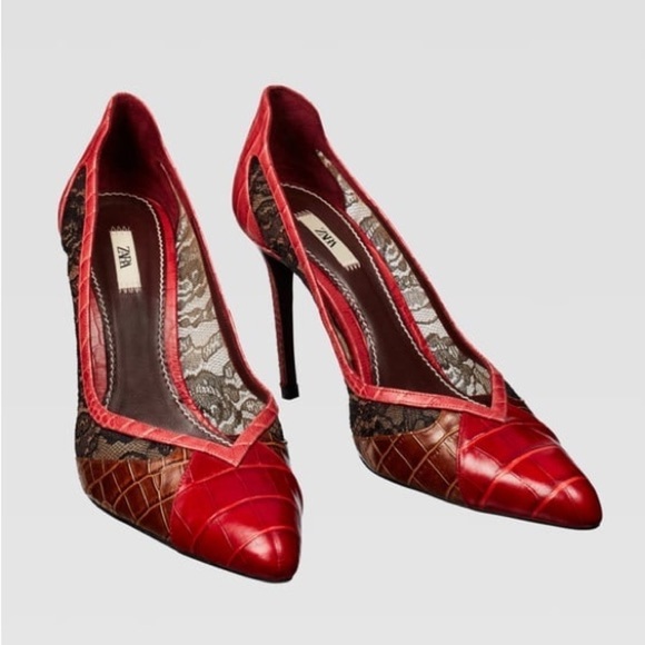 Zara Shoes - 🌹NWOT. Zara Red Animal Print Lace High Heel Shoes. Size 7,5.